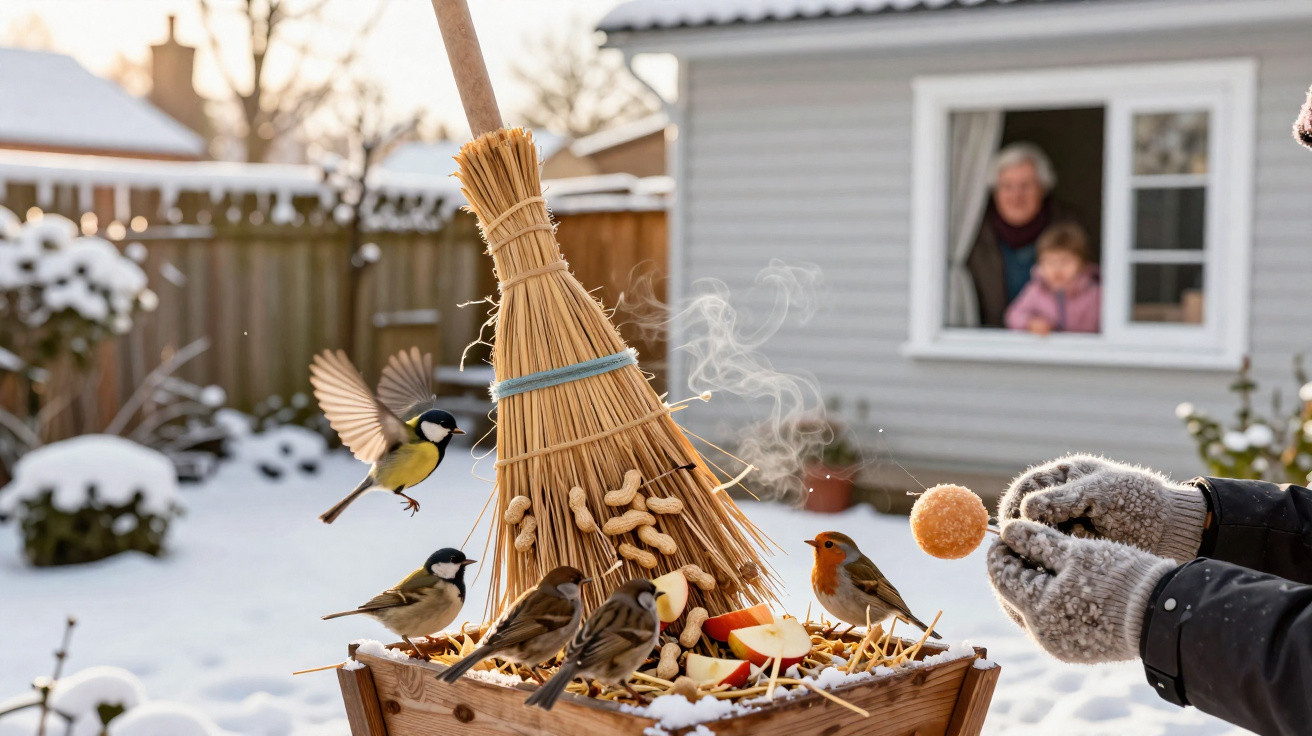 Birds feed on peanuts and seeds on a snowy bird feeder as a person holds a fat ball in winter garden.