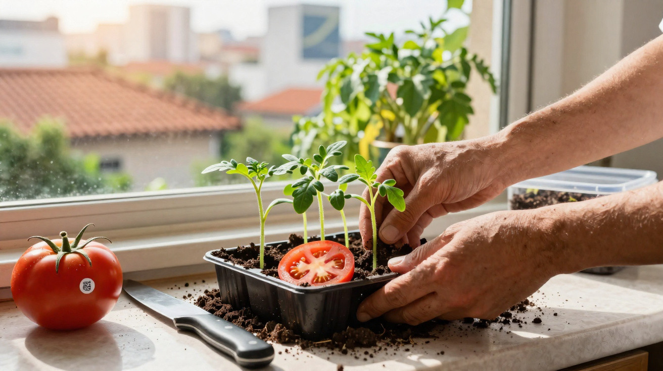 Hands tending to tomato seedlings in a tray on a windowsill with a whole tomato and knife nearby.