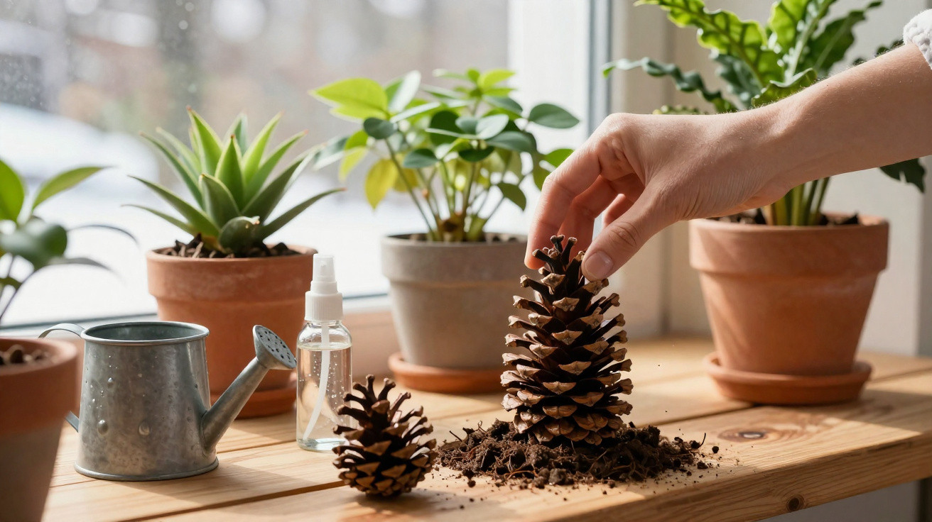 Hand placing a large pine cone on soil on a wooden windowsill with potted plants and watering can.