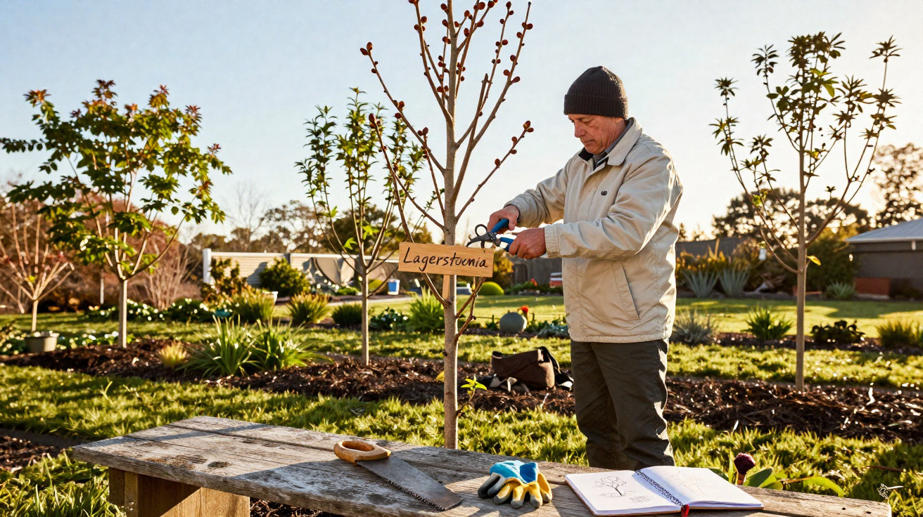 Man pruning a young tree labelled Lagerstroemia in a garden with gardening tools and a notebook on a wooden bench nearby