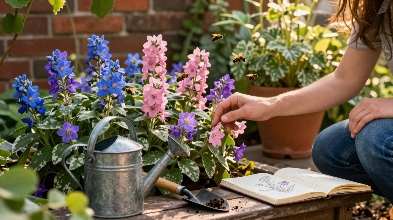 Person tending colourful pink and blue flowers with bees flying, near a watering can, trowel, and open sketchbook.