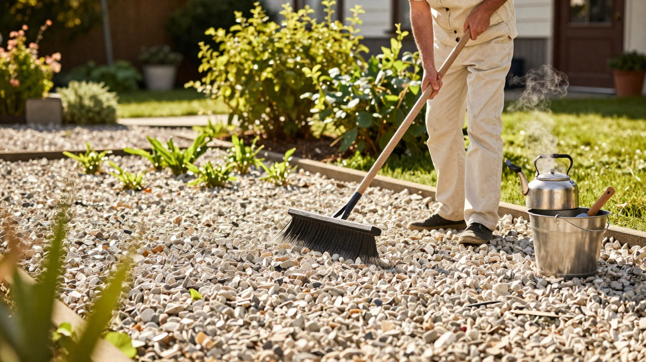 Person sweeping gravel path in a garden with kettle and bucket nearby on a sunny day.