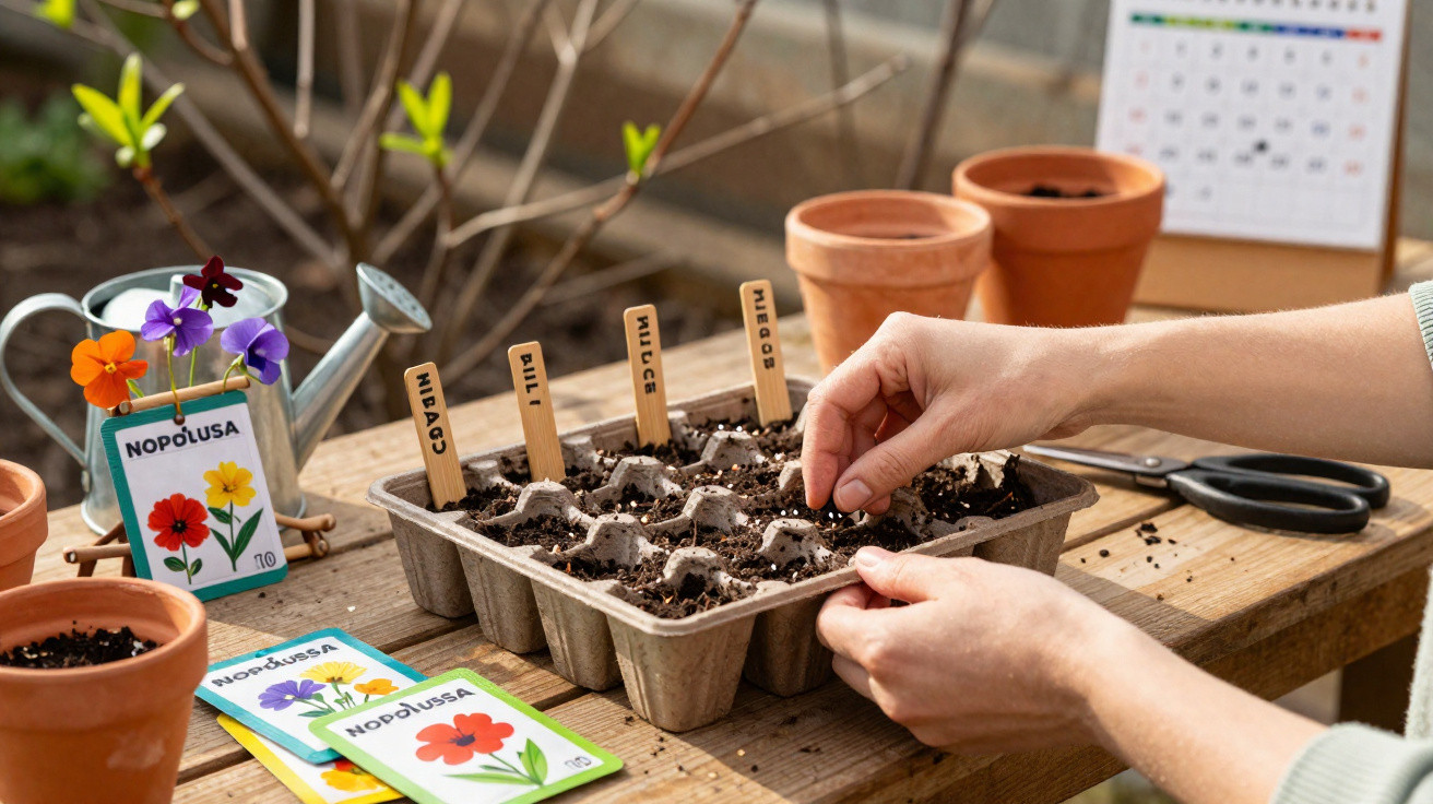 Hands planting seeds in a small soil tray on a wooden table with seed packets and pots around.