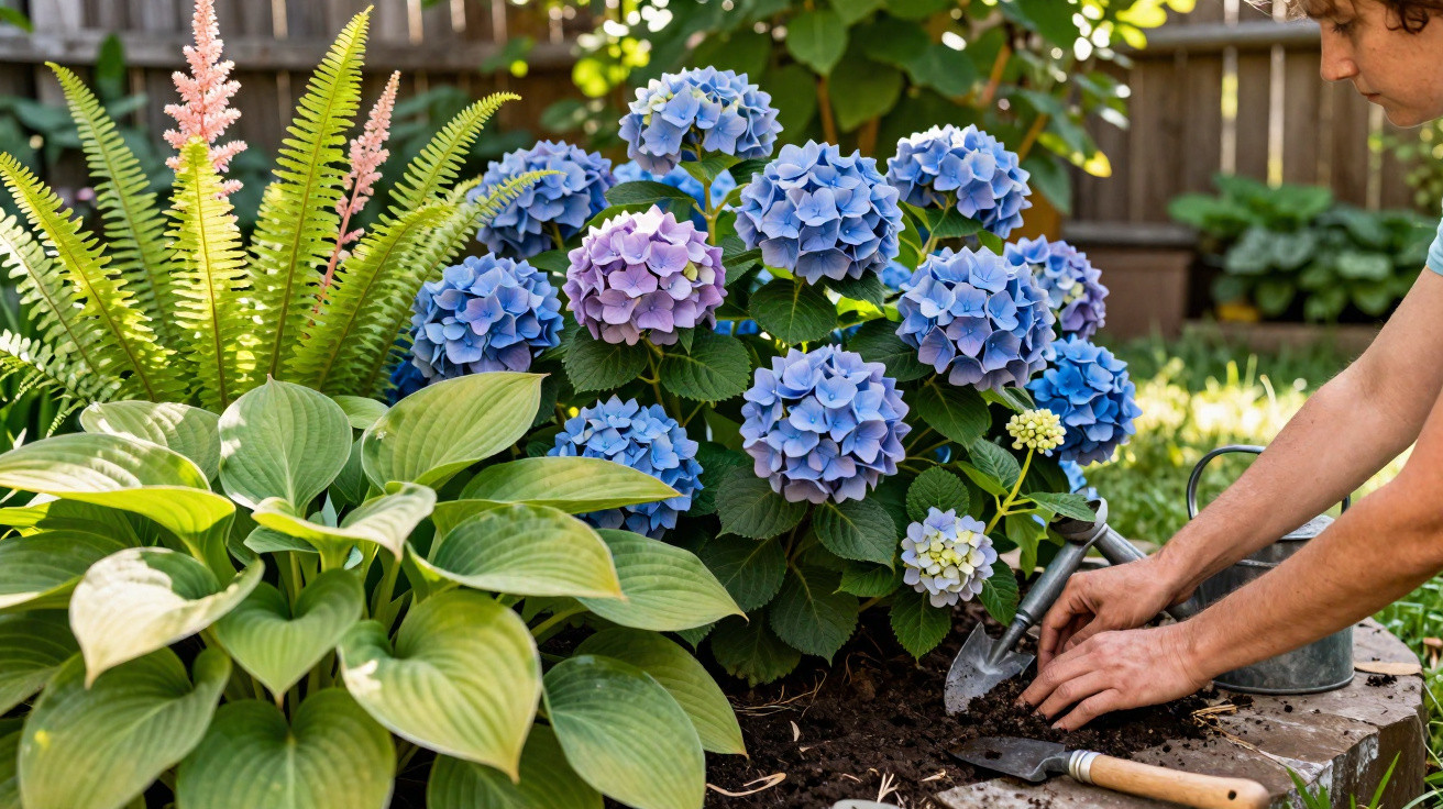 Person gardening blue and purple hydrangeas surrounded by green foliage in a sunny backyard.