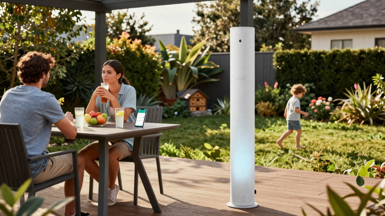 Couple sitting at a garden table enjoying drinks while a child plays in the background near a white air purifier.