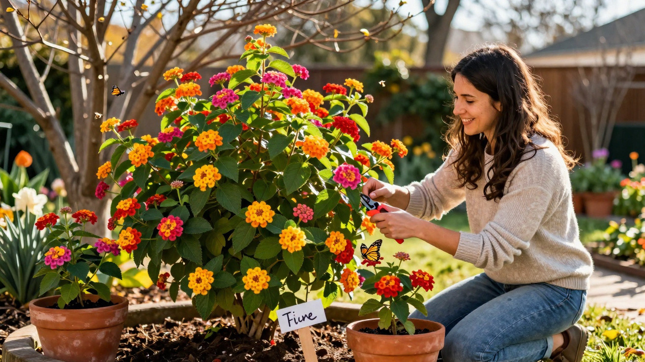 Woman pruning vibrant lantana flowers in a sunny garden with butterflies fluttering around.