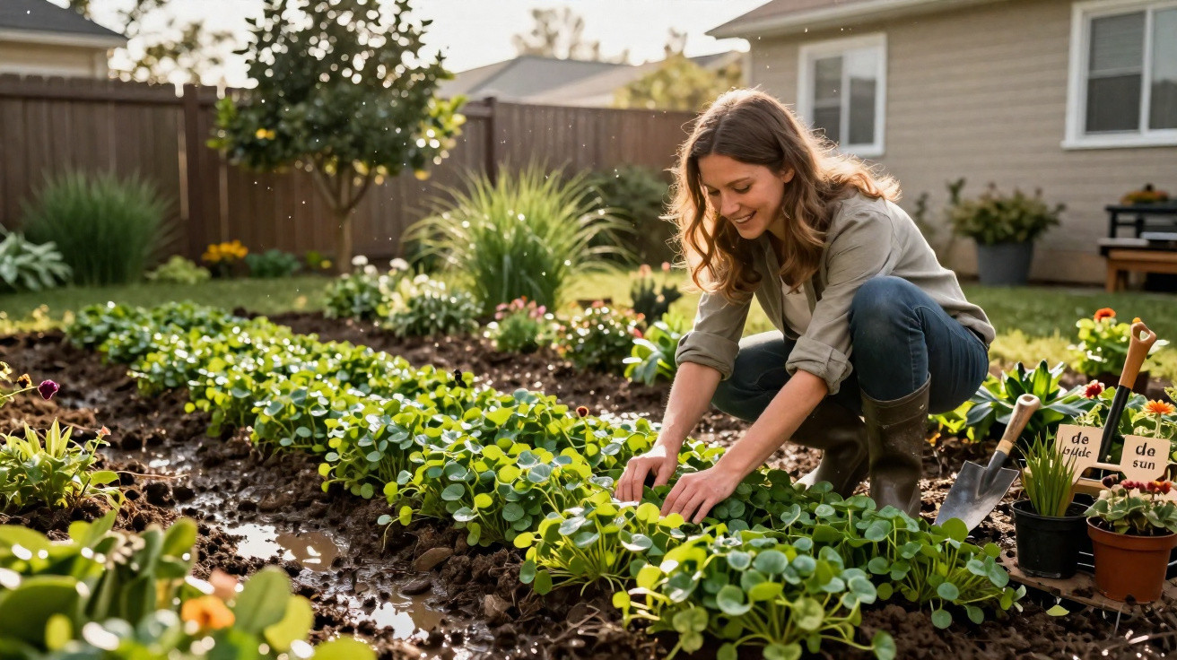 Woman gardening and tending to plants in a sunny backyard garden near a wooden fence and house