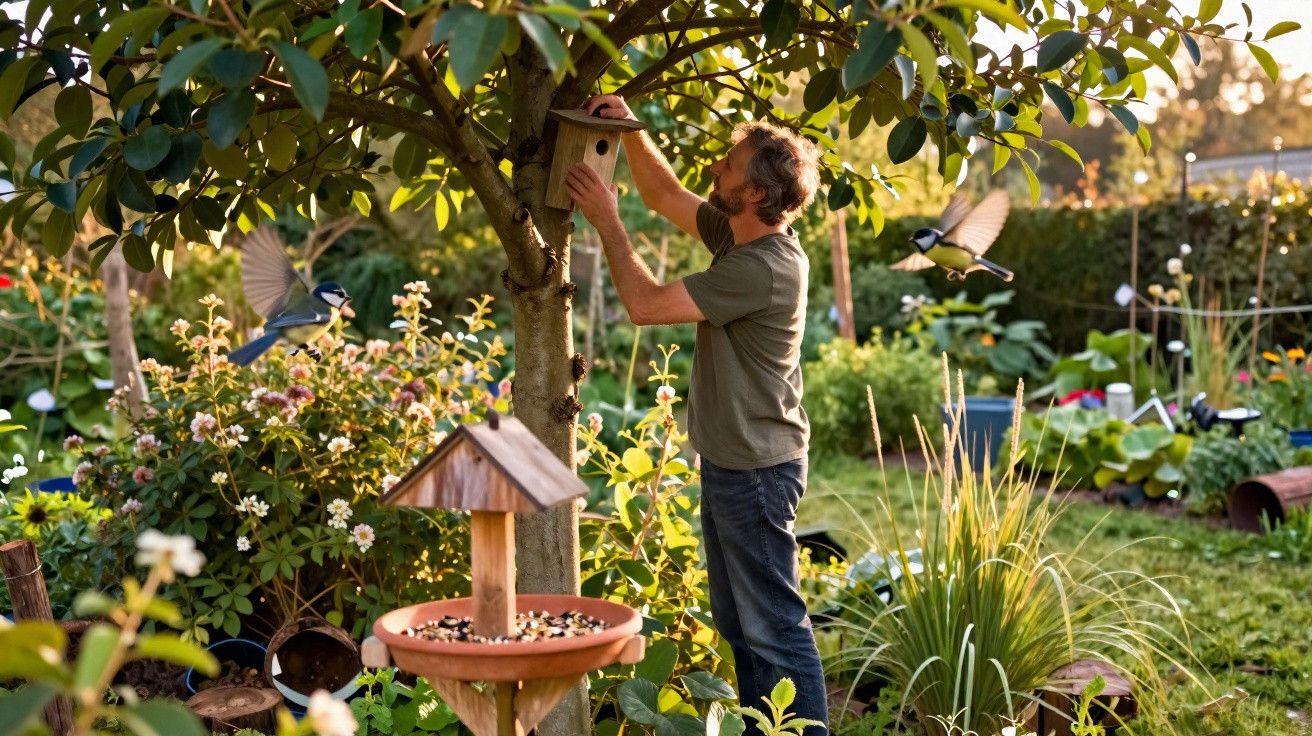 Man hanging a birdhouse on a tree in a lush garden with birds flying and plants surrounding him at sunset.