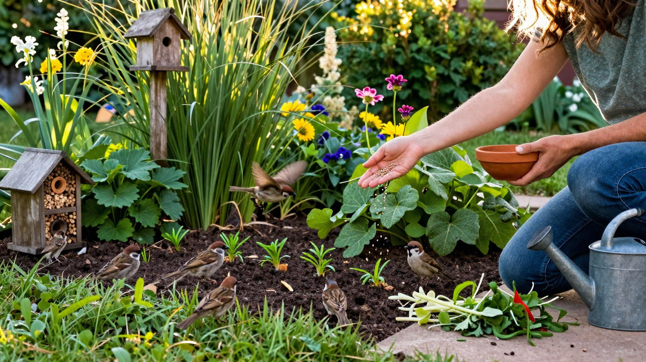 Person feeding small birds in a colourful garden with flowers, birdhouses, and a watering can nearby.