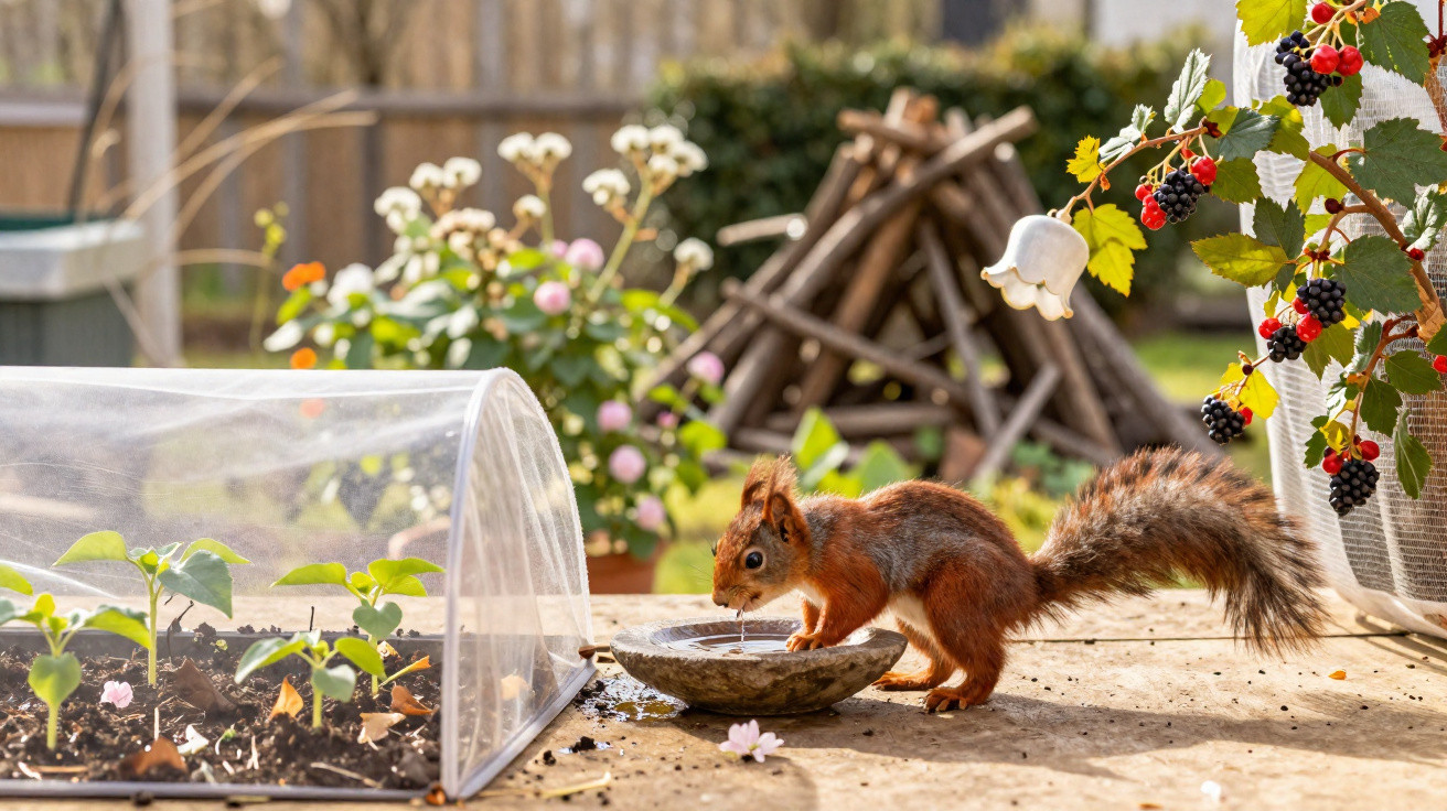 Red squirrel drinking water from a bowl on a garden table with plants and berries in the background.