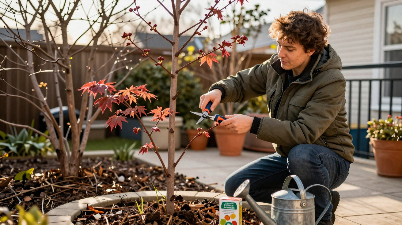 Person pruning a small tree with autumn leaves in a garden, next to a watering can and plant food.