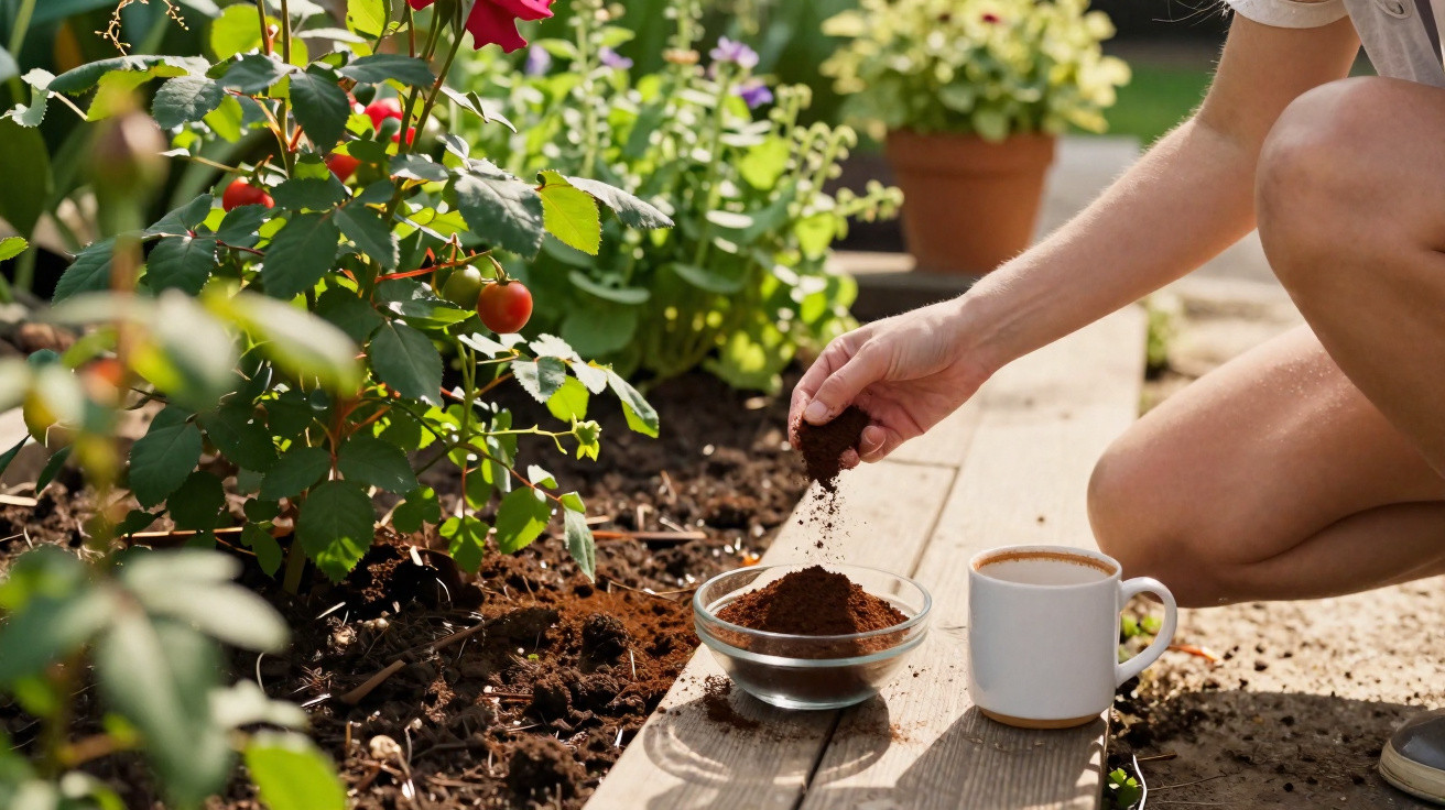 Person sprinkling coffee grounds into garden soil beside a cup of coffee and blooming plants outdoors.