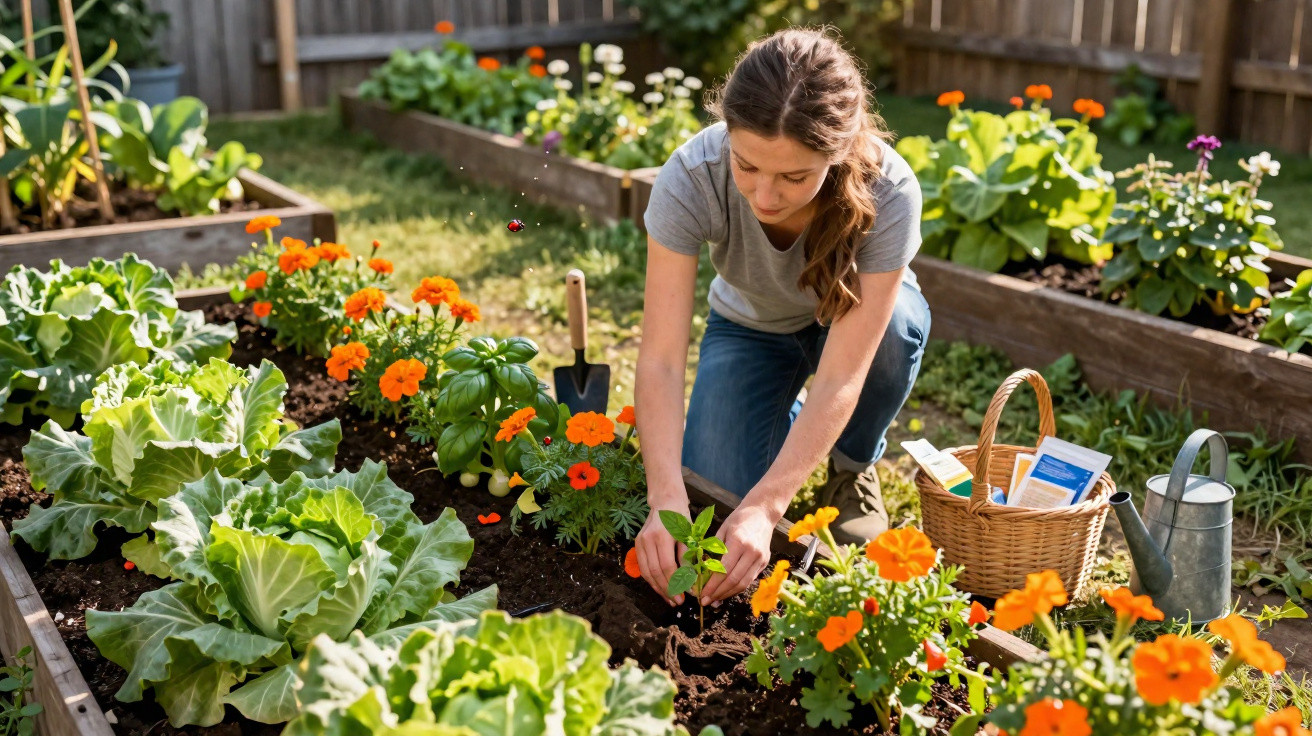 Woman planting seedlings in a raised garden bed with flowers, vegetables, a watering can, and a basket of gardening supplies.