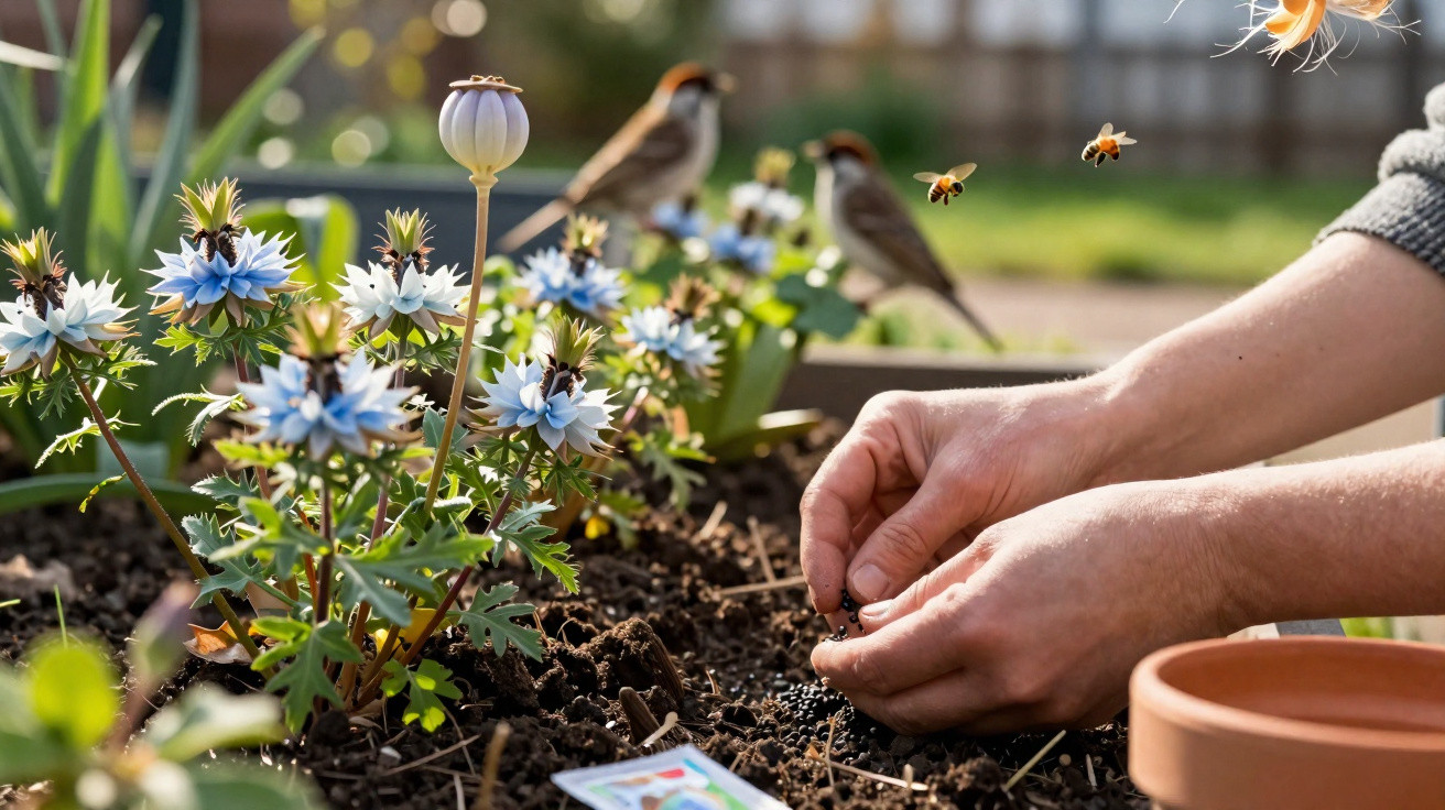 Hands sowing seeds in soil surrounded by blue flowers, bees in flight, and two small birds in the background.