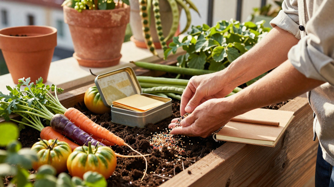 Hands sprinkling seeds into soil on a balcony garden box with fresh carrots and tomatoes nearby.