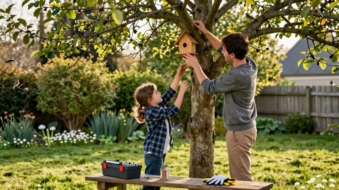 Father and child hanging a wooden birdhouse on a tree in a sunny garden.