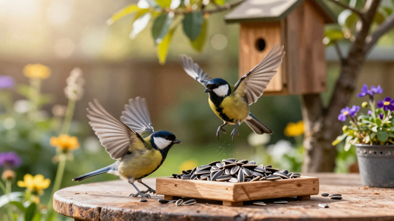 Two great tits near a wooden tray filled with sunflower seeds on a garden table with a birdhouse and flowers in background.