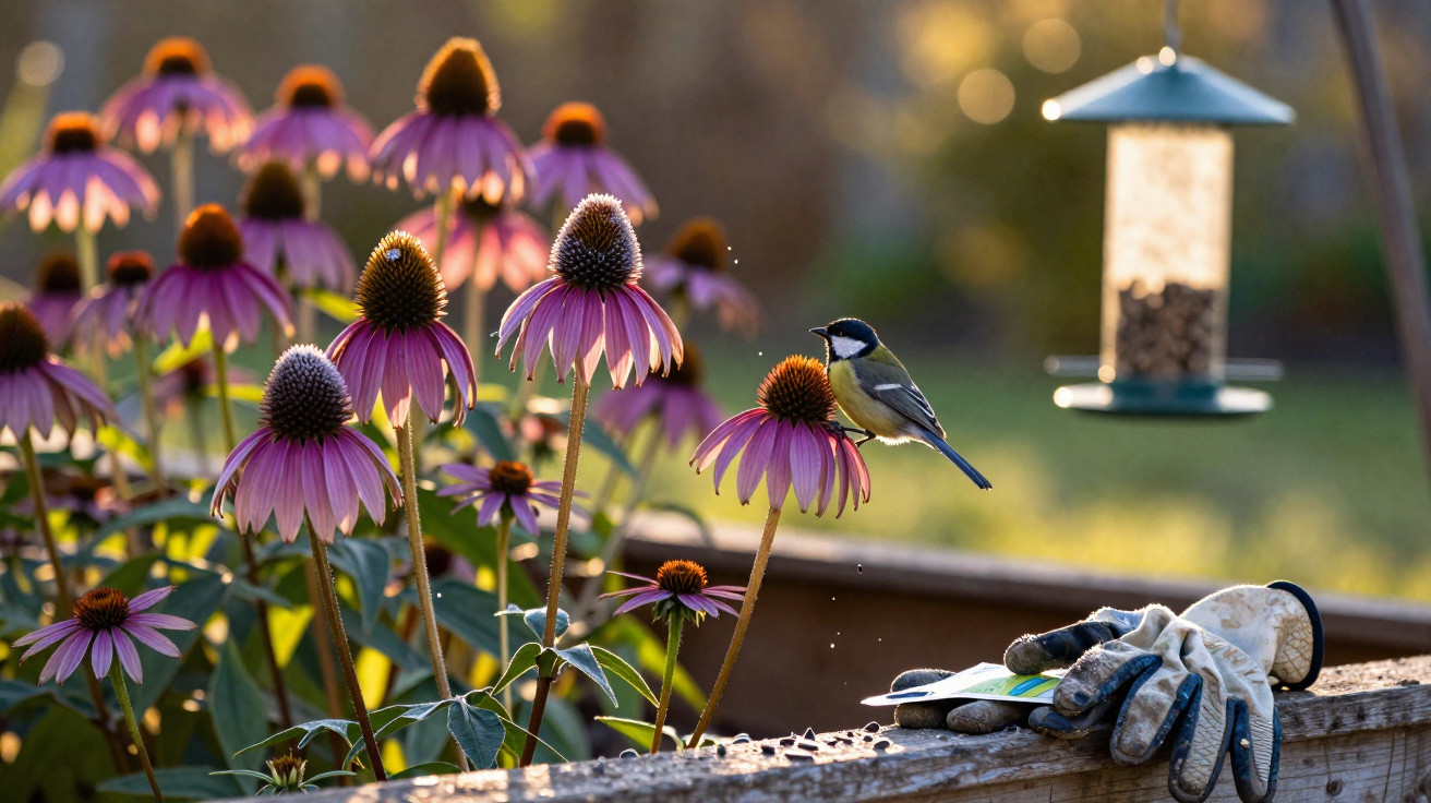 Small bird perched on purple coneflowers near gardening gloves and a bird feeder at sunset.