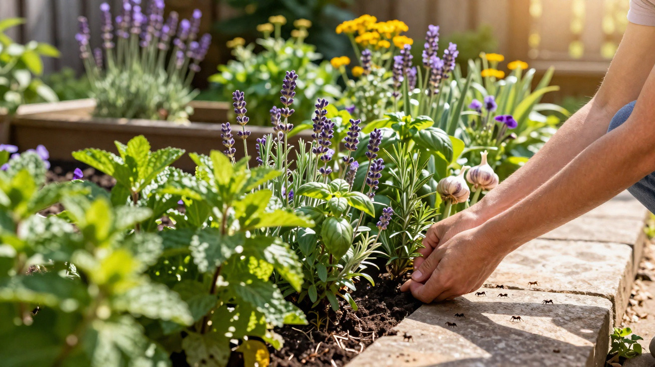Hands tending to a raised garden bed with lavender, basil, garlic, and yellow flowers in sunlight.