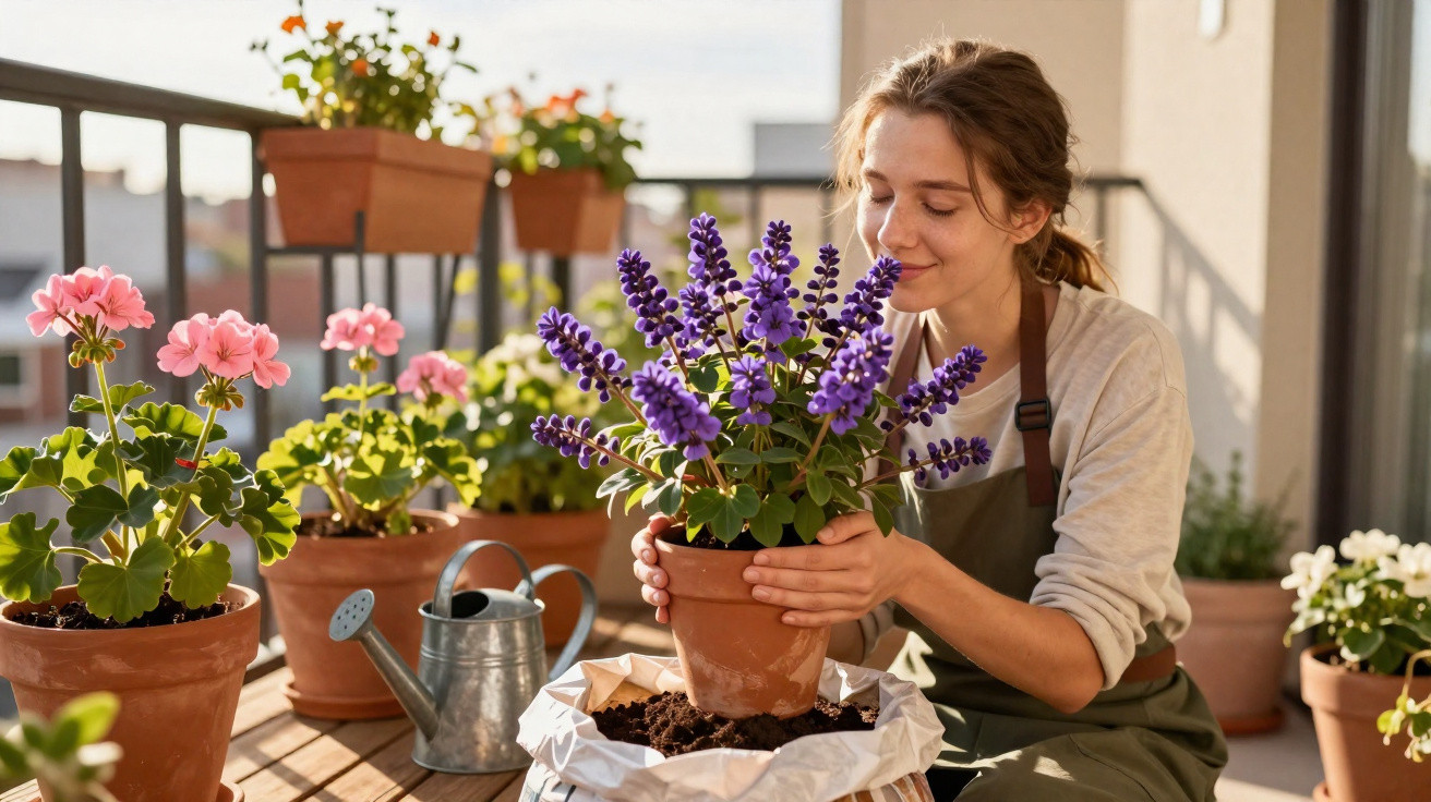 Woman in apron enjoying the scent of purple flowers while gardening on a sunny balcony with potted plants.