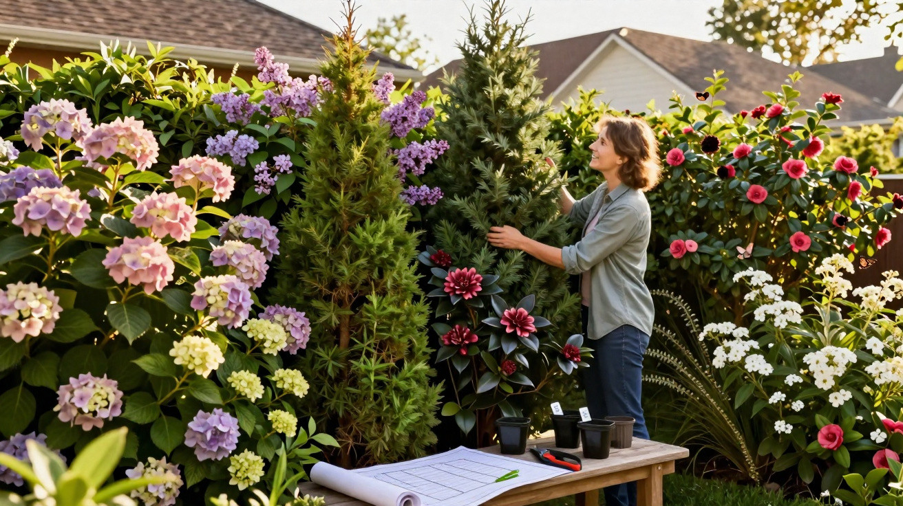 Woman tending to a garden with blooming pink, purple, and white flowers beside a wooden table with gardening plans.