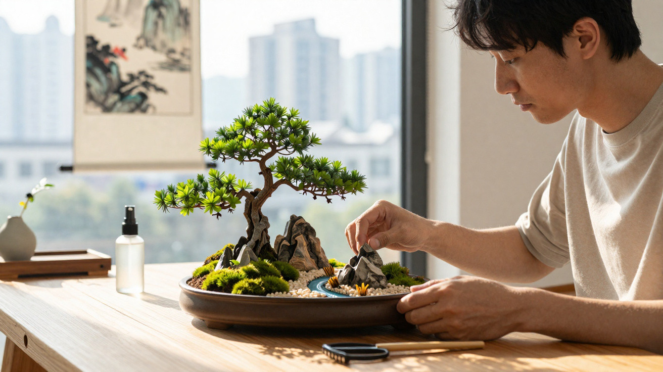 Young man arranging a miniature bonsai landscape with rocks, moss and trees on a wooden table by a window.