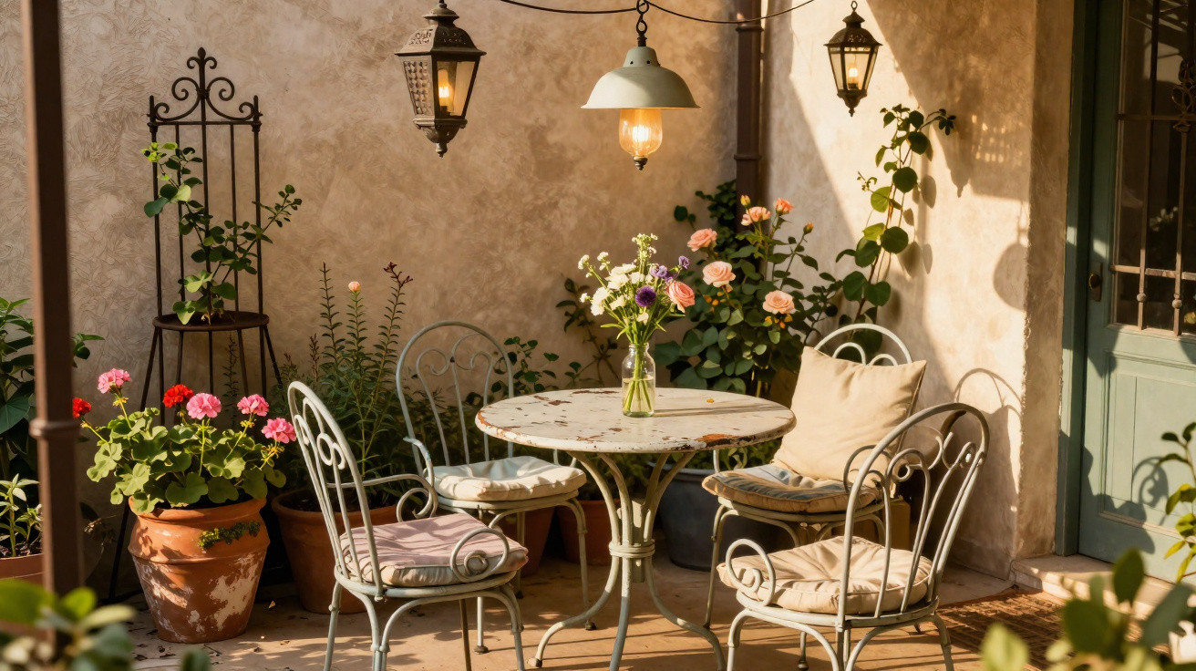 Cozy outdoor patio with wrought iron table and chairs, cushions, flower pots, and soft warm lighting.