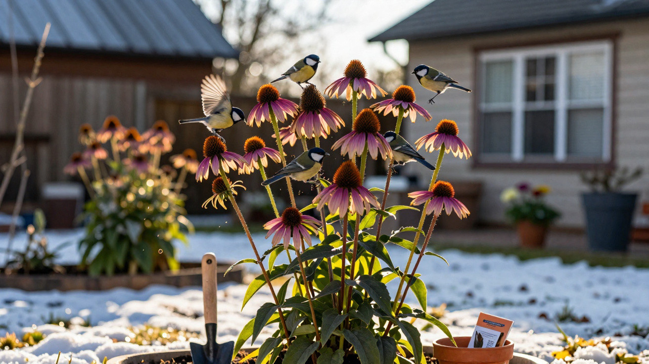 Small birds perched on purple coneflowers in a snowy garden with houses in the background.