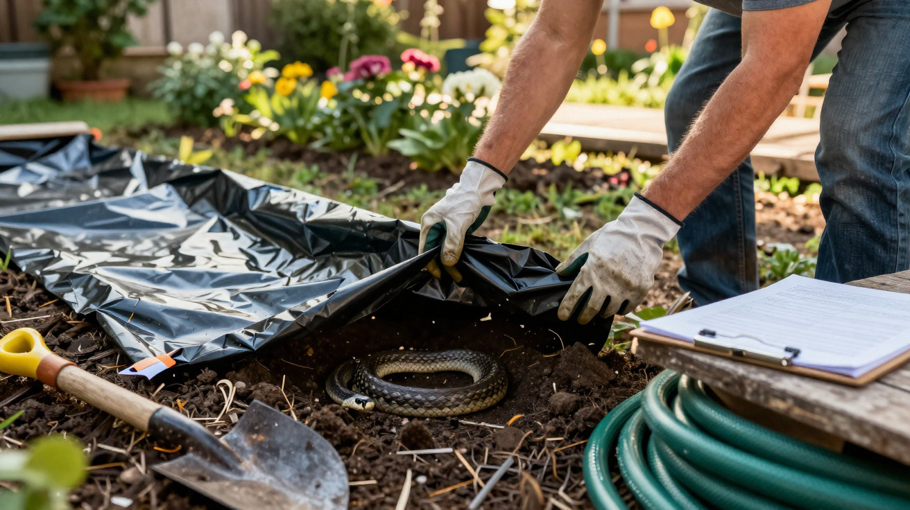 Person lifting plastic sheet in garden to reveal a curled snake in the soil, with gardening tools nearby.
