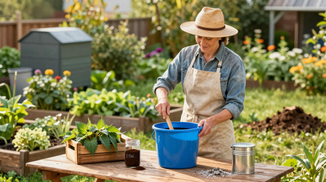 Woman in a straw hat mixing soil in a blue bucket at a wooden table in a garden with plants and flowers.