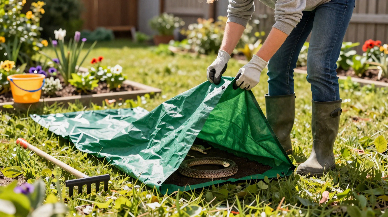 Person in gloves and boots lifting a green tarp to reveal a coiled snake in a sunny garden.