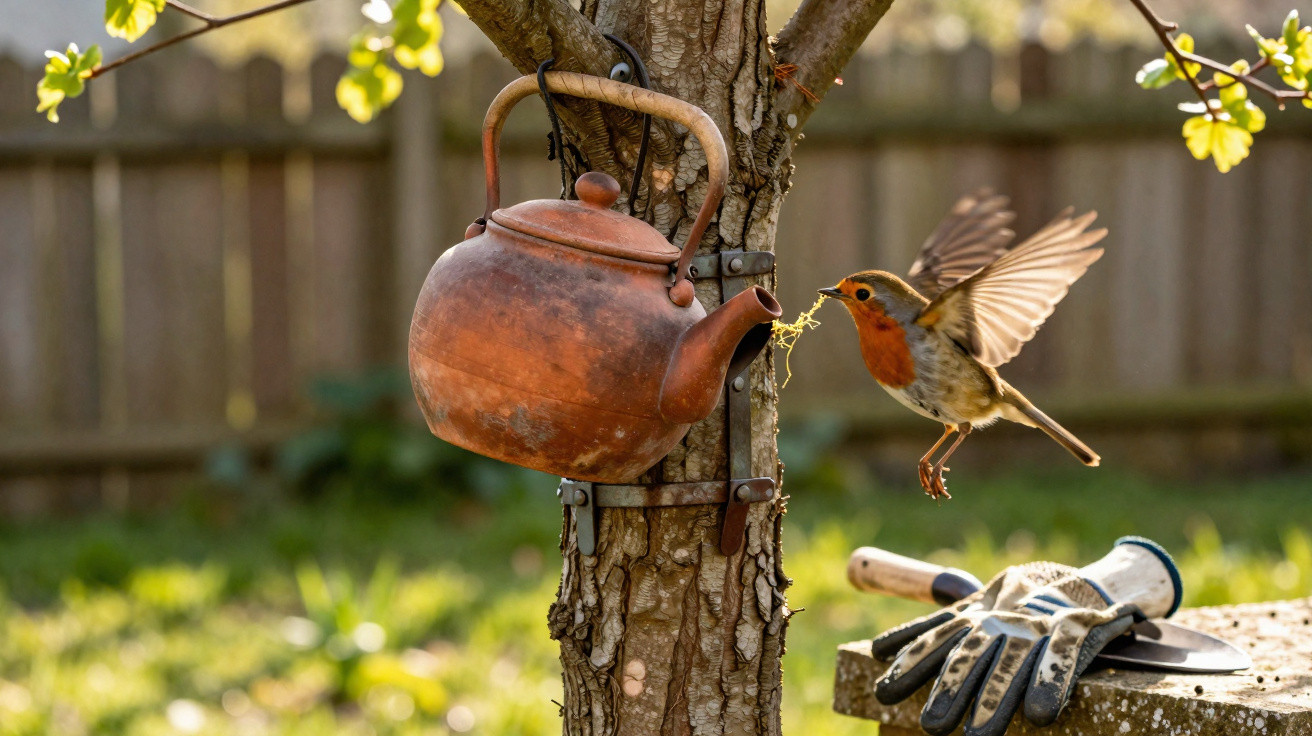 A robin in mid-flight carrying nesting material near a hanging rusted kettle on a tree branch.