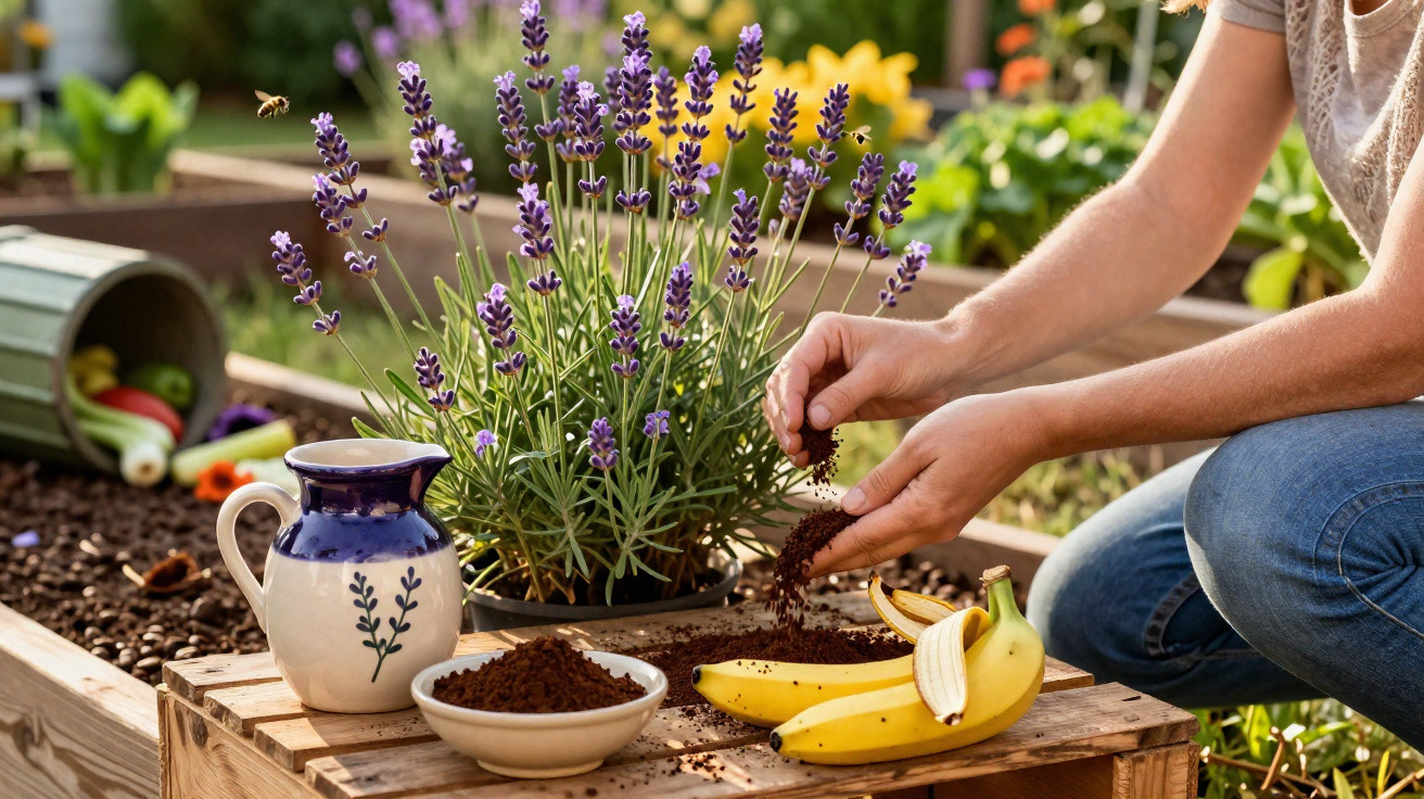 Person sprinkling soil over bananas next to a lavender plant and a jug on a wooden table in a garden.