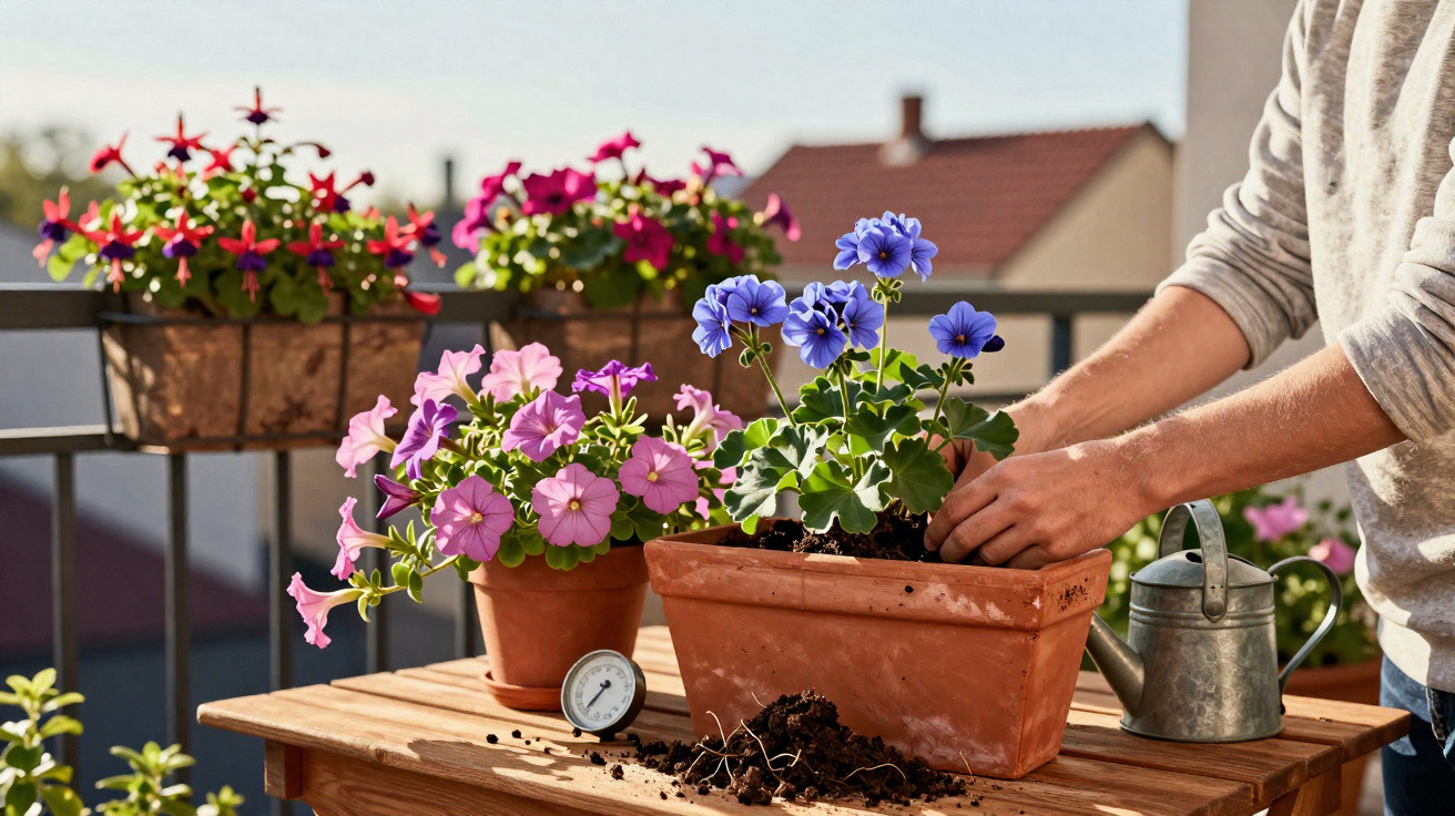 Person planting blue flowers in a terracotta pot on a wooden table with other flowering plants nearby.
