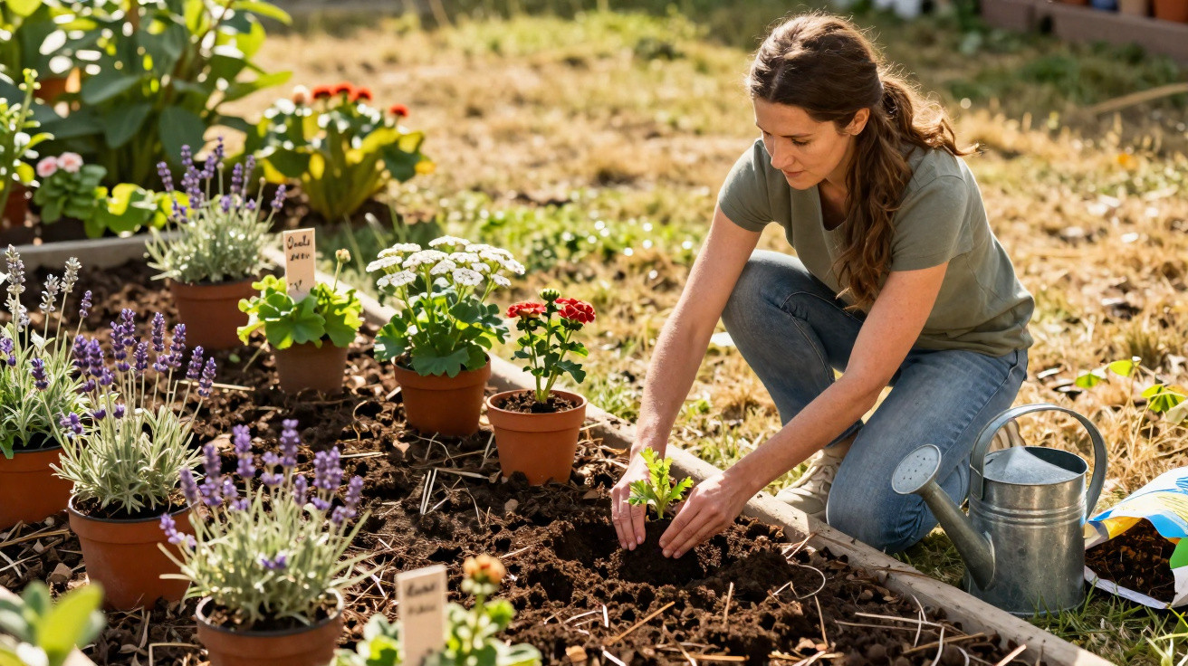Woman planting seedlings in a garden bed surrounded by potted flowers on a sunny day.