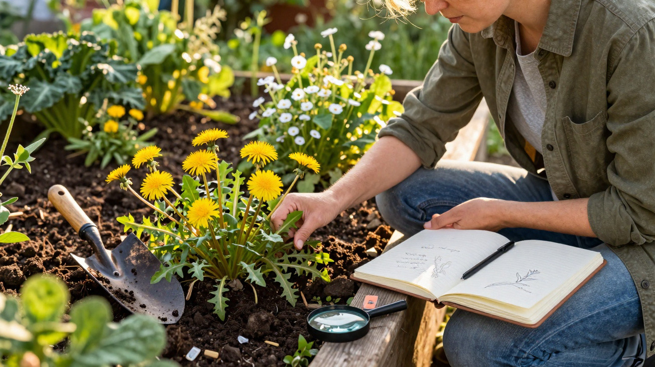 Person examining dandelion plants in garden bed with gardening tools and open notebook with botanical sketches nearby.