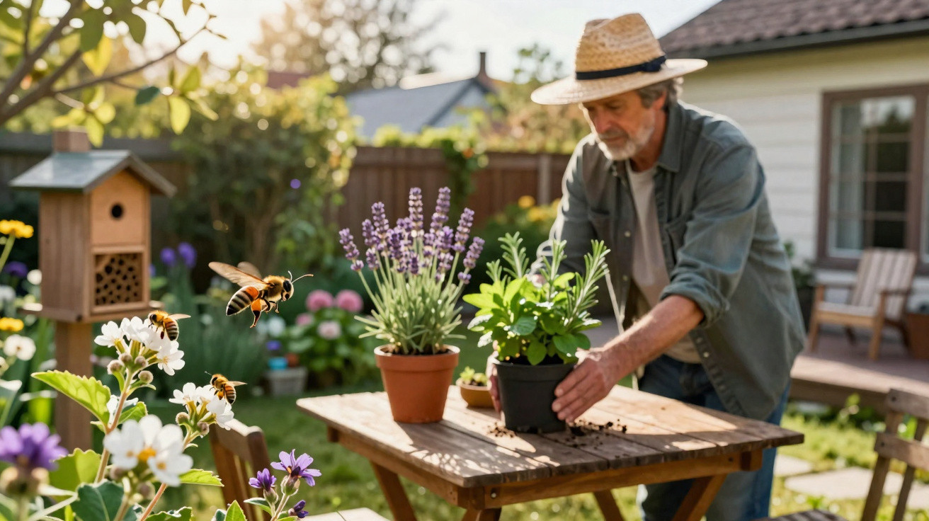 Older man wearing a straw hat planting potted herbs on a wooden table in a sunny garden with bees flying nearby.