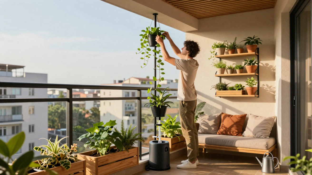 Person tending to hanging plant on a balcony with various potted plants and outdoor seating area.