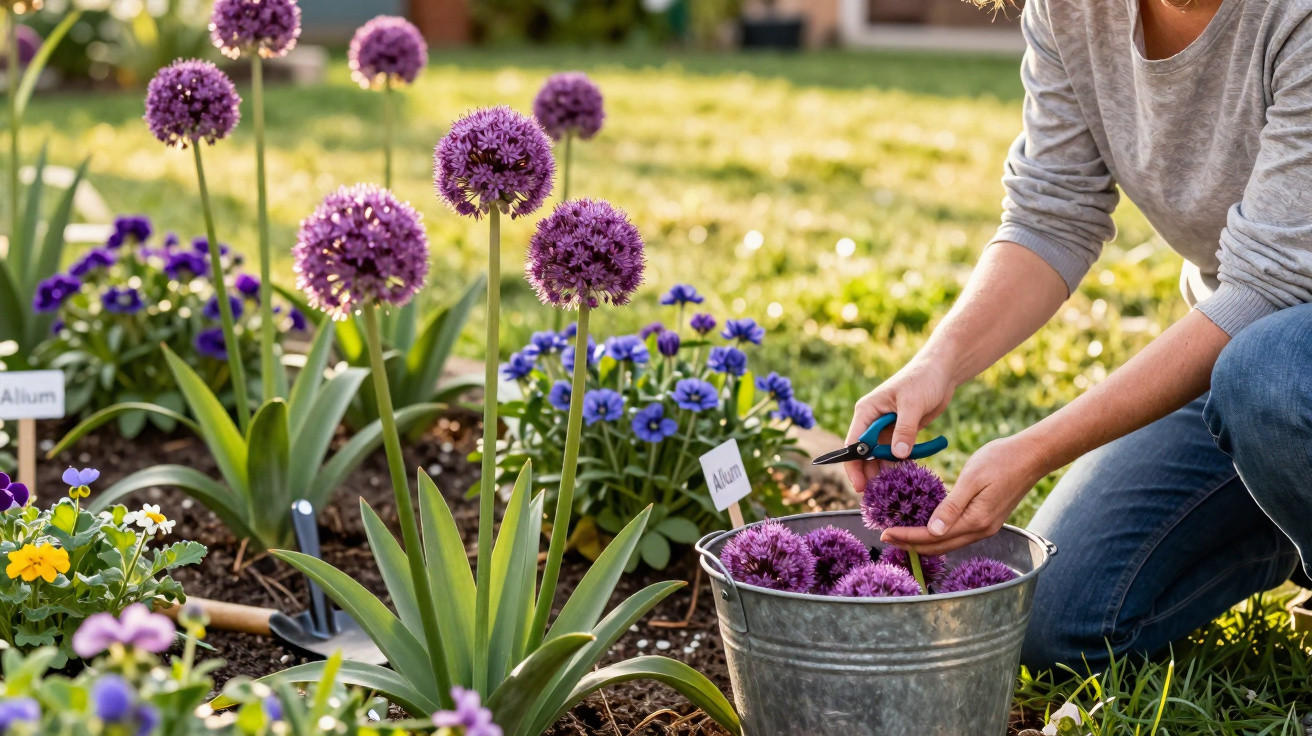 Person cutting purple allium flowers and placing them into a metal bucket in a vibrant garden.