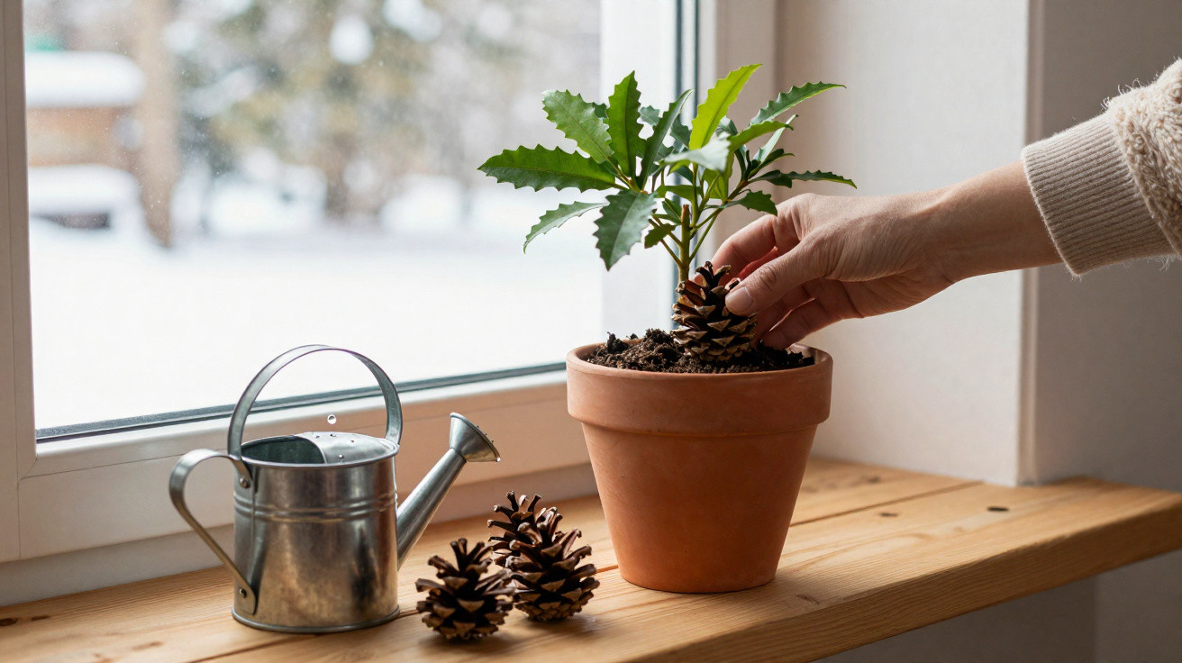 Hand placing a pinecone into soil of a potted plant on wooden windowsill with watering can nearby.
