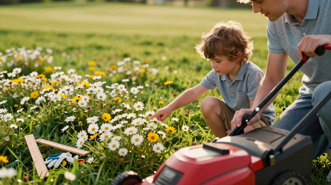 Child pointing at daisies while adult pauses lawn mowing in a sunny garden meadow.