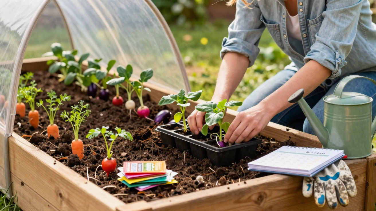 Person planting seedlings in a wooden raised garden bed with vegetables and gardening tools nearby