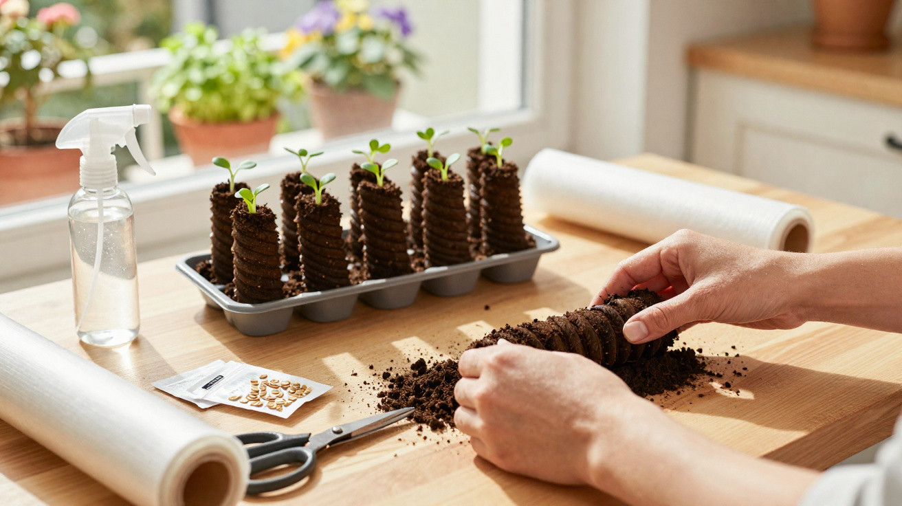 Hands rolling soil discs for seedling growth on a wooden table with seedlings, seeds, scissors, and spray bottle nearby.