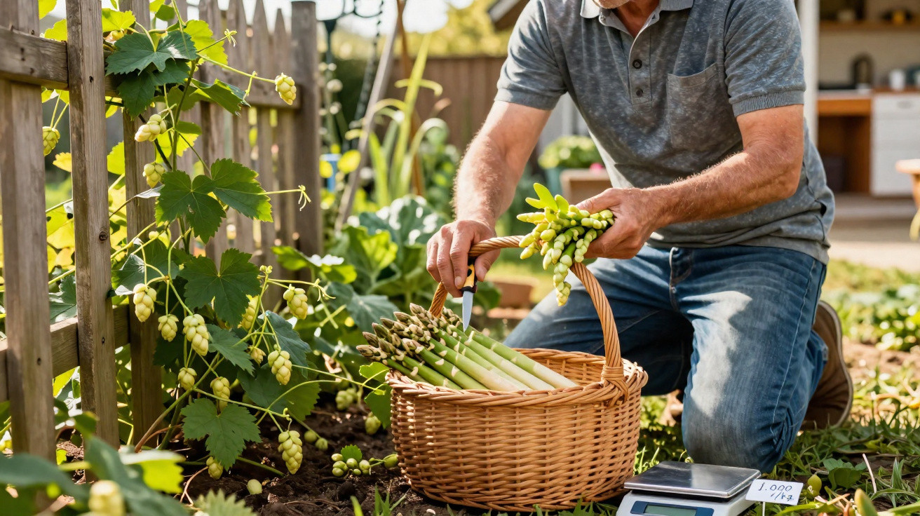 Person kneeling in garden harvesting fresh asparagus into a wicker basket beside hops plants.