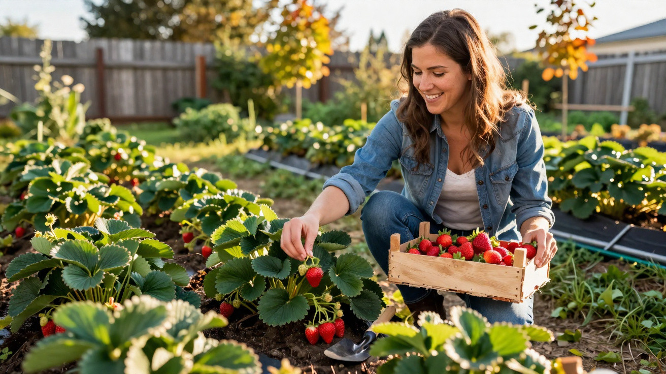 Woman harvesting ripe strawberries in a sunny garden, holding a wooden crate filled with strawberries.