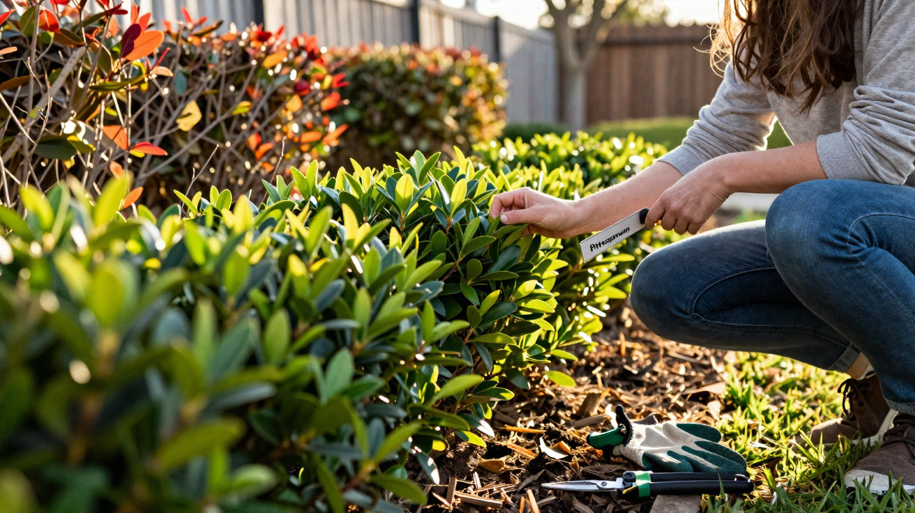 Person kneeling in garden trimming green shrubs with gardening tools and gloves nearby in sunlight.