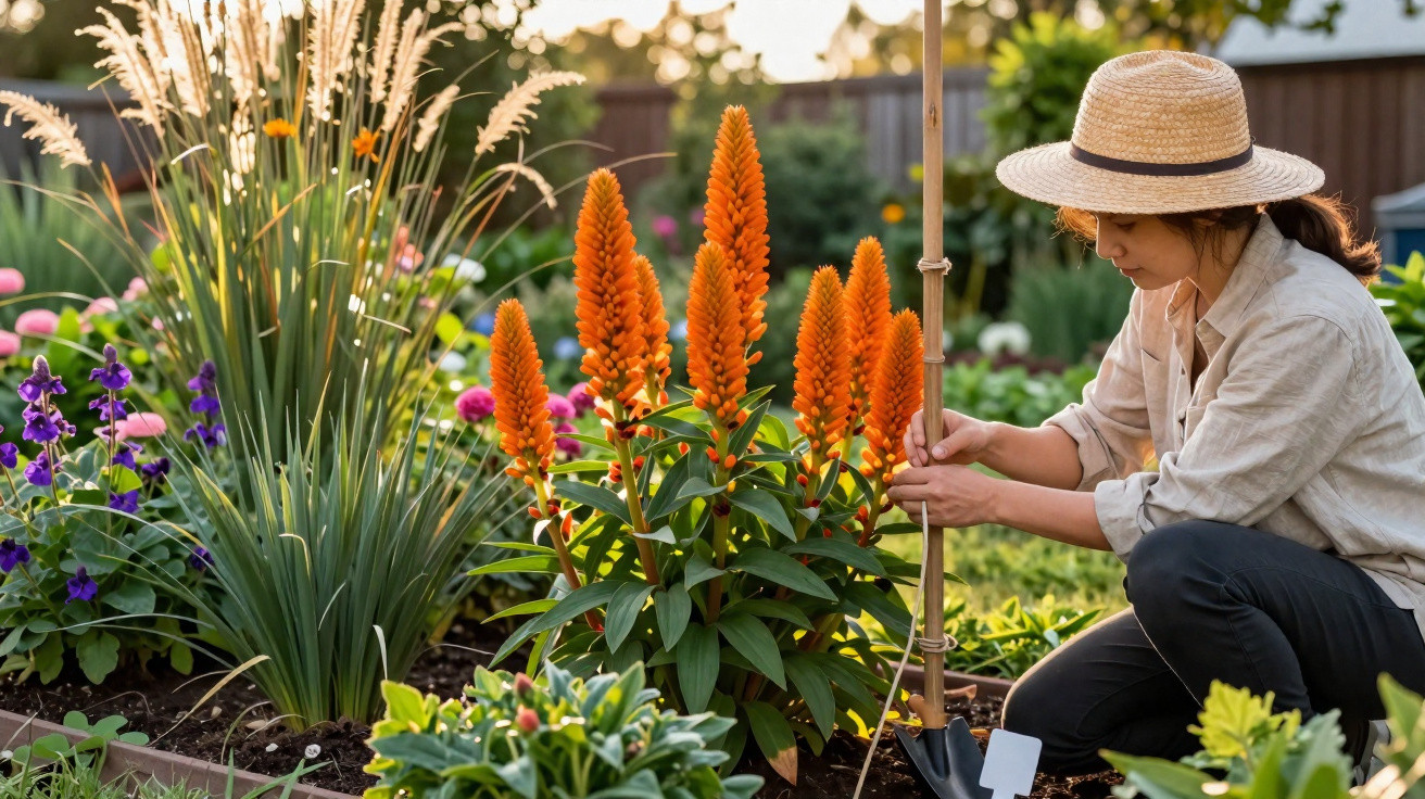 Woman in a straw hat gardening, tying stakes to support tall orange flowering plants in a sunlit garden bed.
