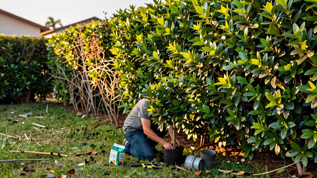 Person planting a small tree in a pot near a hedge in a sunny garden.