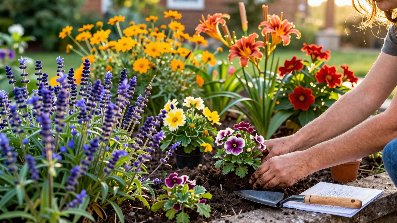 Person planting pansies in a vibrant flower bed with lavender, marigolds, and lilies on a sunny day.