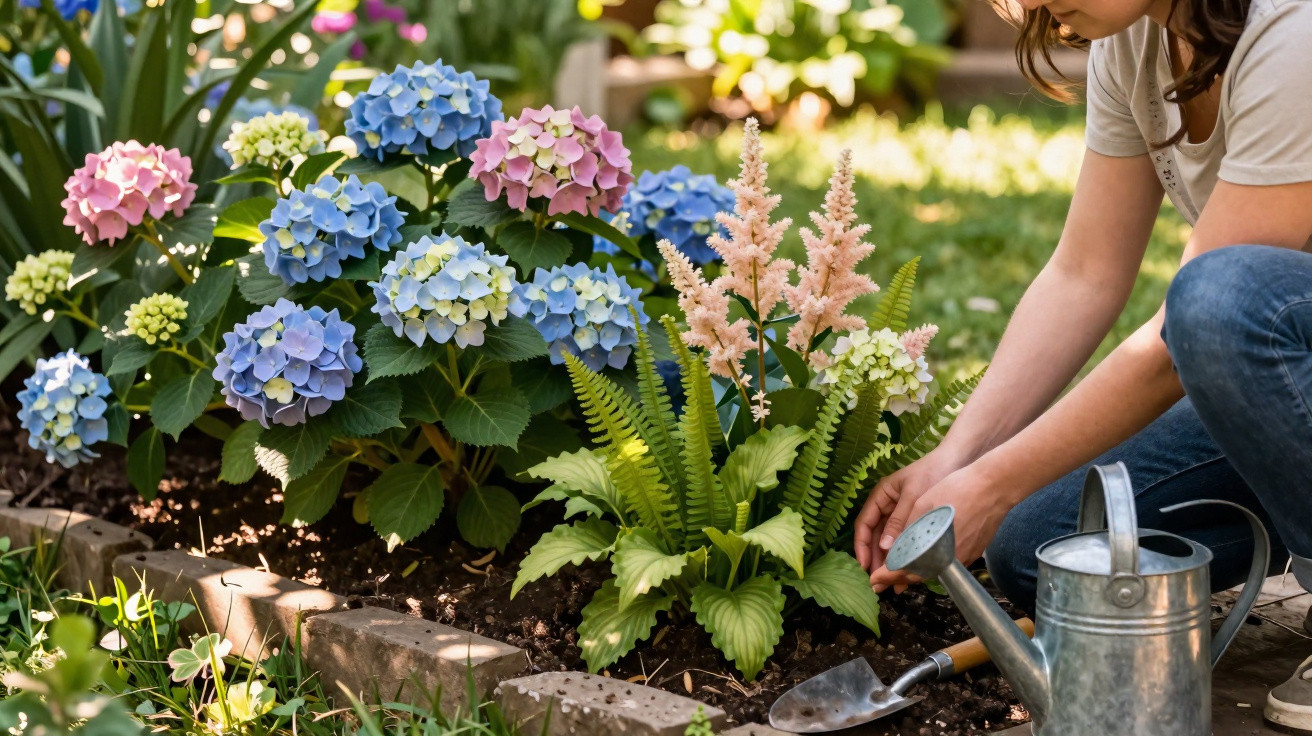 Person tending to a garden bed with colourful hydrangeas and pink astilbe flowers on a sunny day.